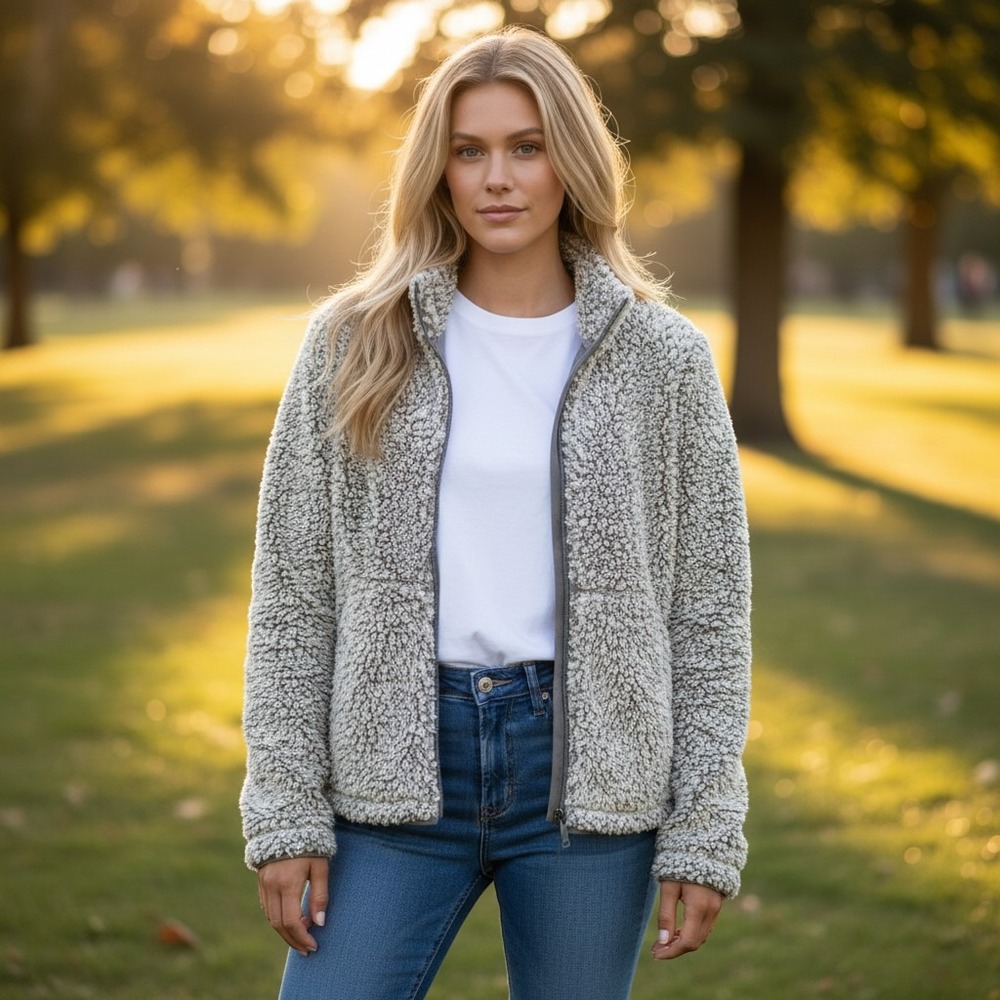 North River Women's Medium Sherpa Fleece Zip-Up Jacket Gray Silver Cozy Outdoors